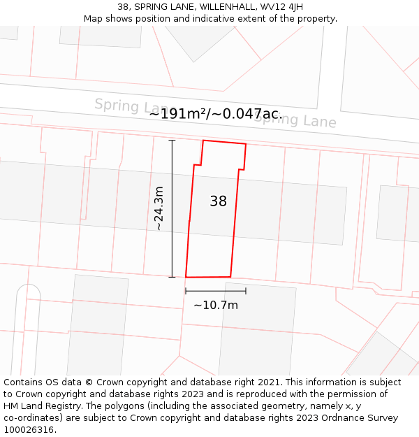 38, SPRING LANE, WILLENHALL, WV12 4JH: Plot and title map