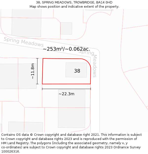 38, SPRING MEADOWS, TROWBRIDGE, BA14 0HD: Plot and title map