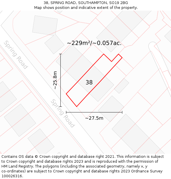 38, SPRING ROAD, SOUTHAMPTON, SO19 2BG: Plot and title map