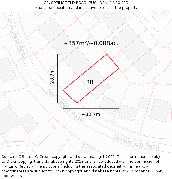 38, SPRINGFIELD ROAD, RUSHDEN, NN10 0FD: Plot and title map