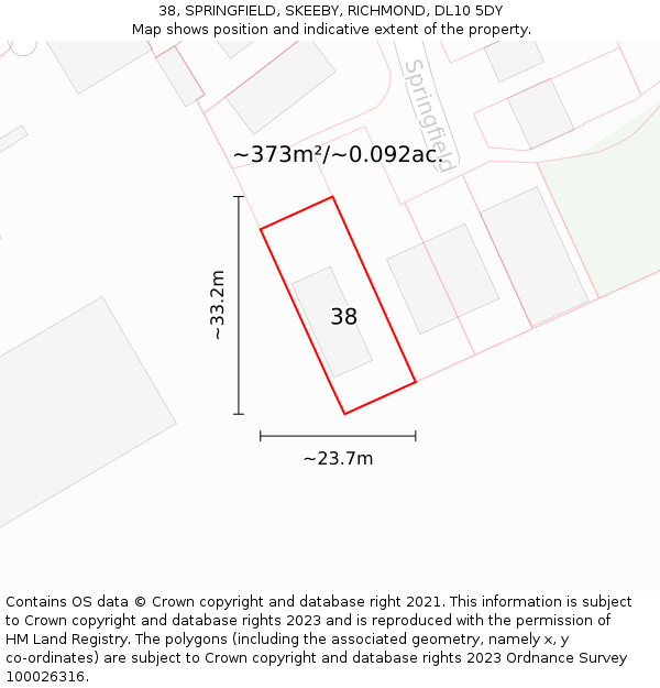 38, SPRINGFIELD, SKEEBY, RICHMOND, DL10 5DY: Plot and title map