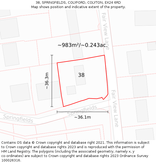 38, SPRINGFIELDS, COLYFORD, COLYTON, EX24 6RD: Plot and title map