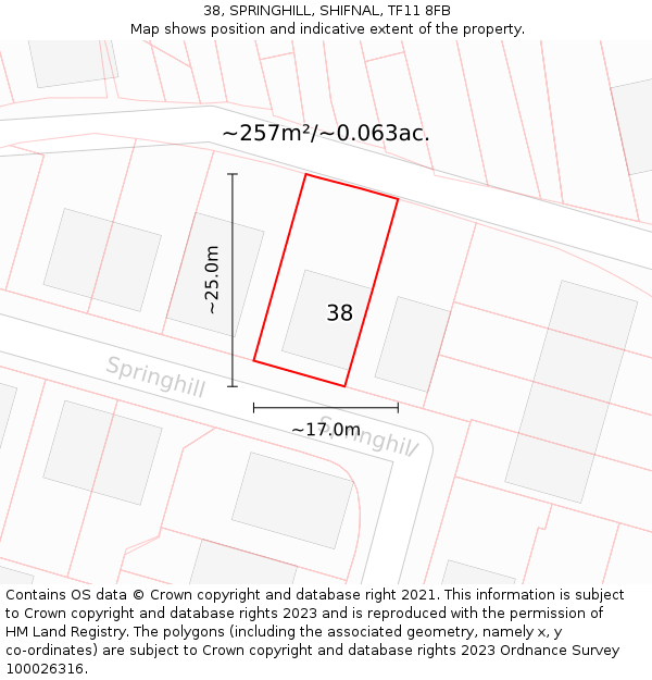 38, SPRINGHILL, SHIFNAL, TF11 8FB: Plot and title map