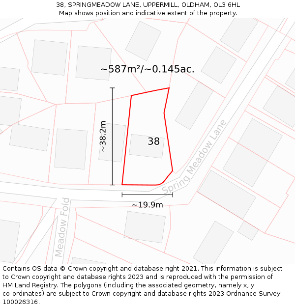 38, SPRINGMEADOW LANE, UPPERMILL, OLDHAM, OL3 6HL: Plot and title map