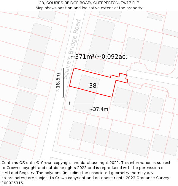 38, SQUIRES BRIDGE ROAD, SHEPPERTON, TW17 0LB: Plot and title map