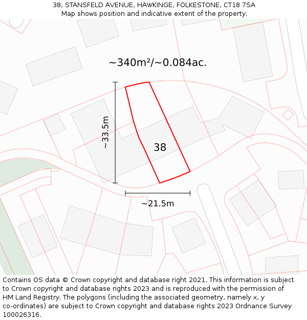 38, STANSFELD AVENUE, HAWKINGE, FOLKESTONE, CT18 7SA: Plot and title map