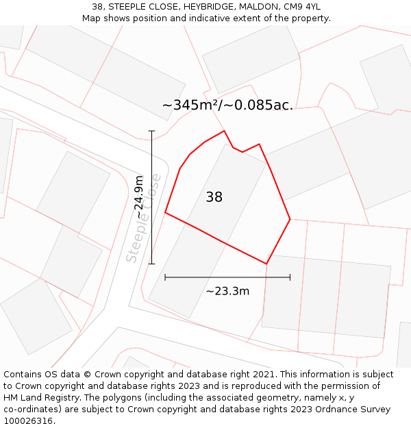 38, STEEPLE CLOSE, HEYBRIDGE, MALDON, CM9 4YL: Plot and title map