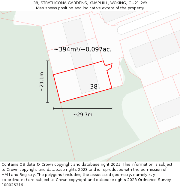 38, STRATHCONA GARDENS, KNAPHILL, WOKING, GU21 2AY: Plot and title map