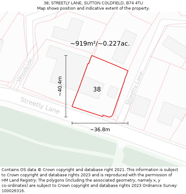 38, STREETLY LANE, SUTTON COLDFIELD, B74 4TU: Plot and title map