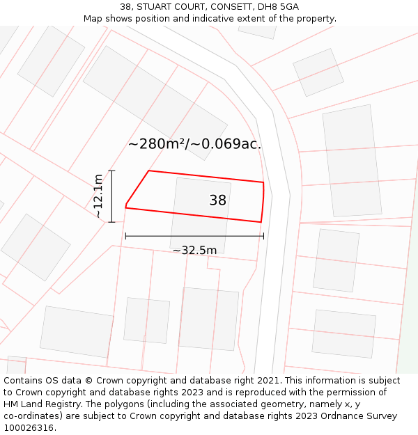 38, STUART COURT, CONSETT, DH8 5GA: Plot and title map