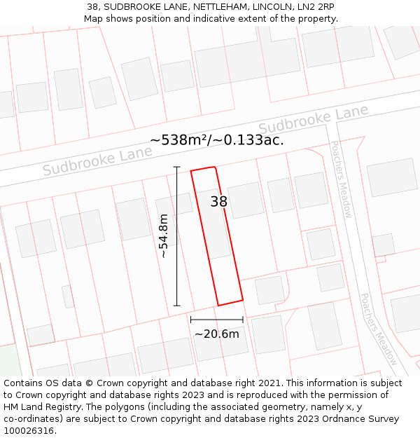 38, SUDBROOKE LANE, NETTLEHAM, LINCOLN, LN2 2RP: Plot and title map