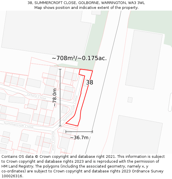 38, SUMMERCROFT CLOSE, GOLBORNE, WARRINGTON, WA3 3WL: Plot and title map