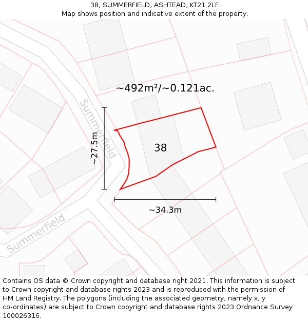 38, SUMMERFIELD, ASHTEAD, KT21 2LF: Plot and title map