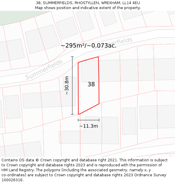 38, SUMMERFIELDS, RHOSTYLLEN, WREXHAM, LL14 4EU: Plot and title map
