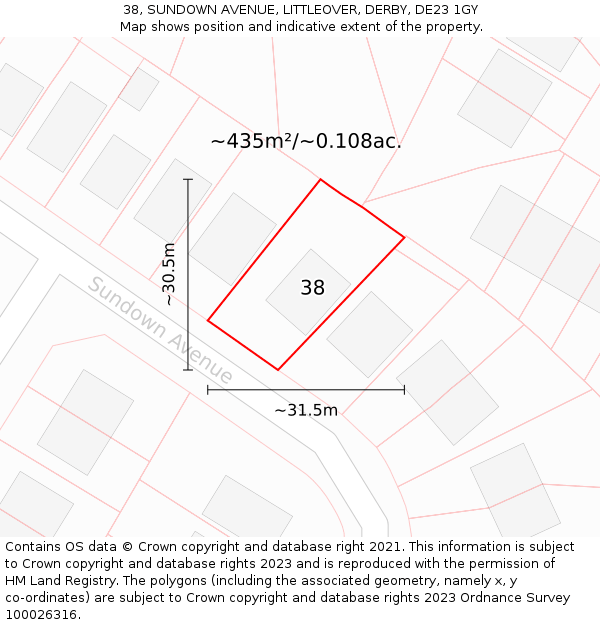 38, SUNDOWN AVENUE, LITTLEOVER, DERBY, DE23 1GY: Plot and title map