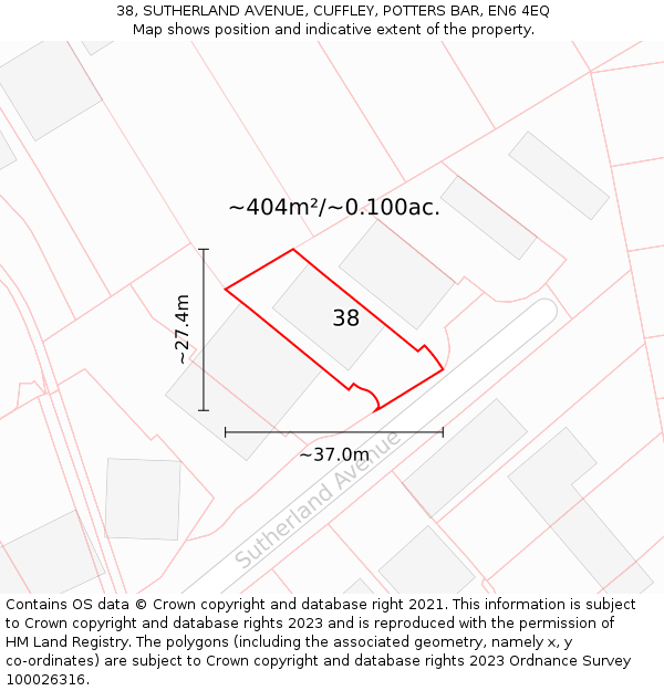 38, SUTHERLAND AVENUE, CUFFLEY, POTTERS BAR, EN6 4EQ: Plot and title map