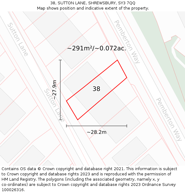 38, SUTTON LANE, SHREWSBURY, SY3 7QQ: Plot and title map