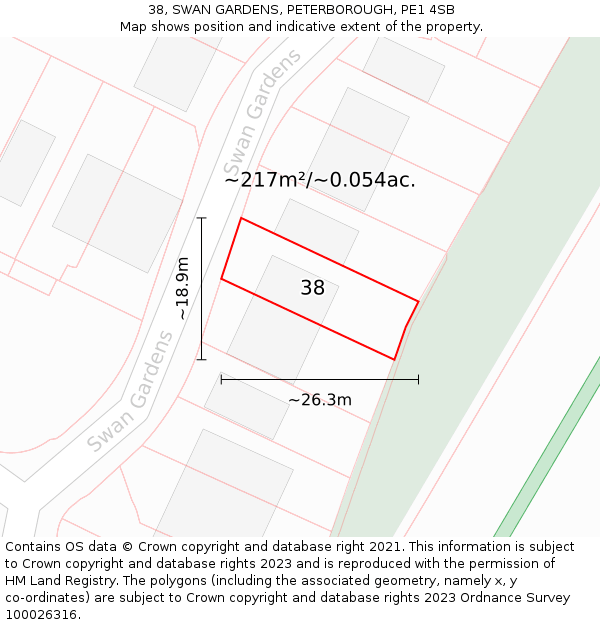 38, SWAN GARDENS, PETERBOROUGH, PE1 4SB: Plot and title map