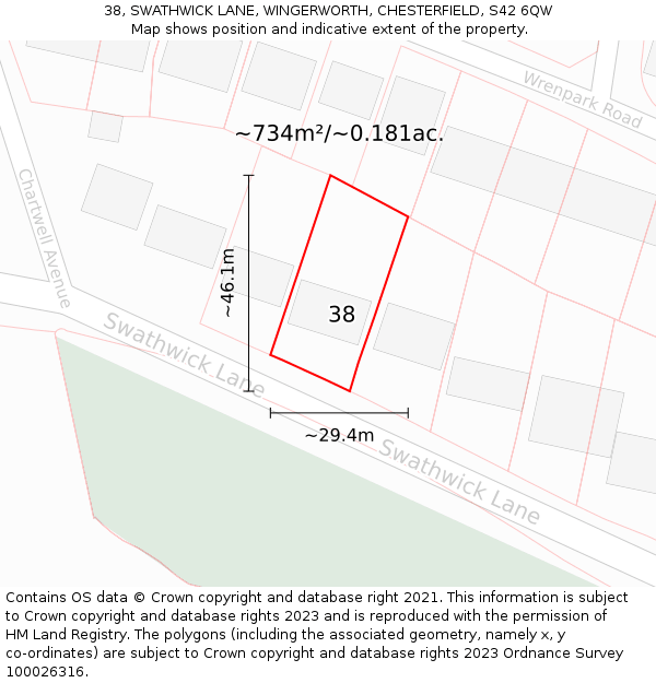 38, SWATHWICK LANE, WINGERWORTH, CHESTERFIELD, S42 6QW: Plot and title map