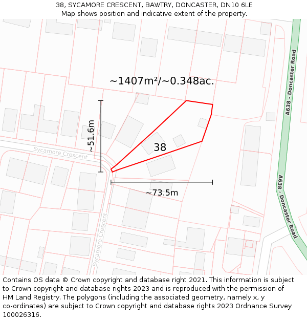 38, SYCAMORE CRESCENT, BAWTRY, DONCASTER, DN10 6LE: Plot and title map