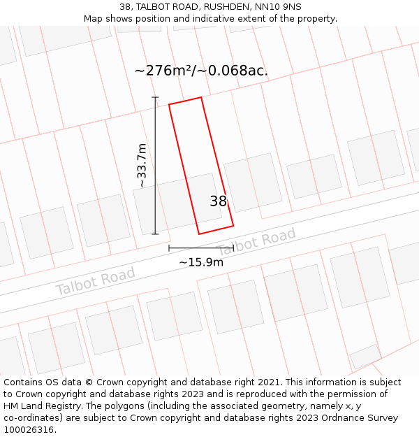 38, TALBOT ROAD, RUSHDEN, NN10 9NS: Plot and title map