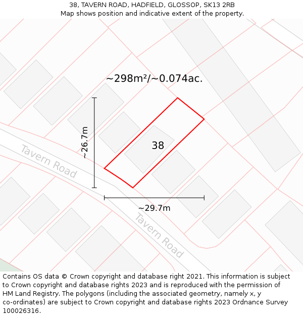 38, TAVERN ROAD, HADFIELD, GLOSSOP, SK13 2RB: Plot and title map