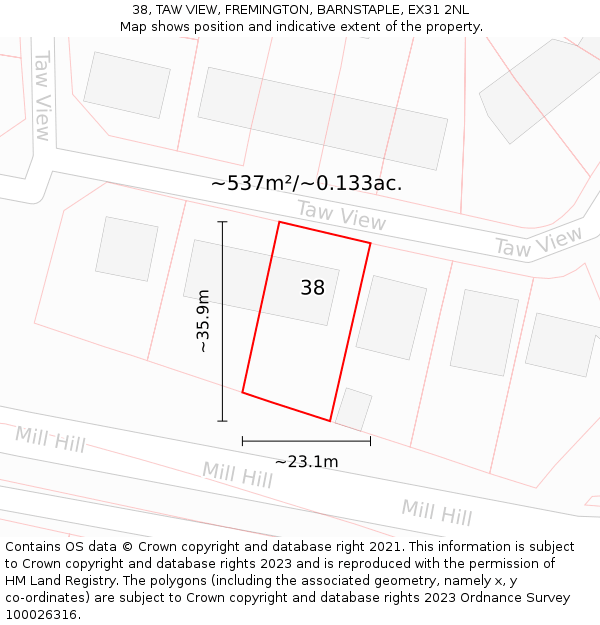 38, TAW VIEW, FREMINGTON, BARNSTAPLE, EX31 2NL: Plot and title map