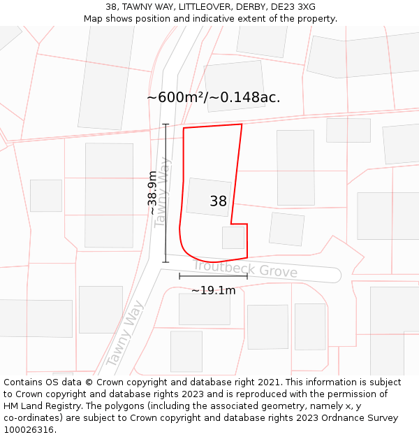 38, TAWNY WAY, LITTLEOVER, DERBY, DE23 3XG: Plot and title map