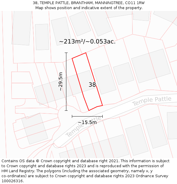 38, TEMPLE PATTLE, BRANTHAM, MANNINGTREE, CO11 1RW: Plot and title map