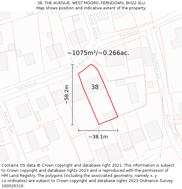 38, THE AVENUE, WEST MOORS, FERNDOWN, BH22 0LU: Plot and title map