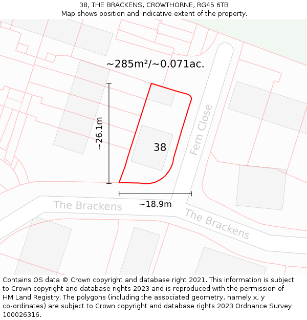 38, THE BRACKENS, CROWTHORNE, RG45 6TB: Plot and title map
