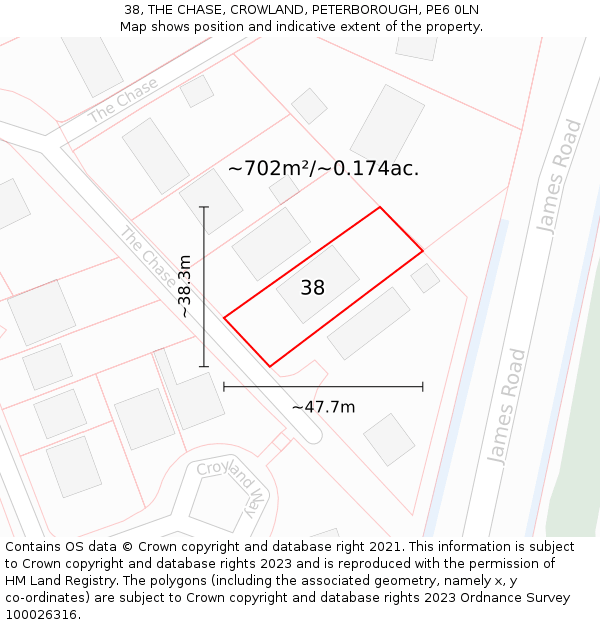 38, THE CHASE, CROWLAND, PETERBOROUGH, PE6 0LN: Plot and title map