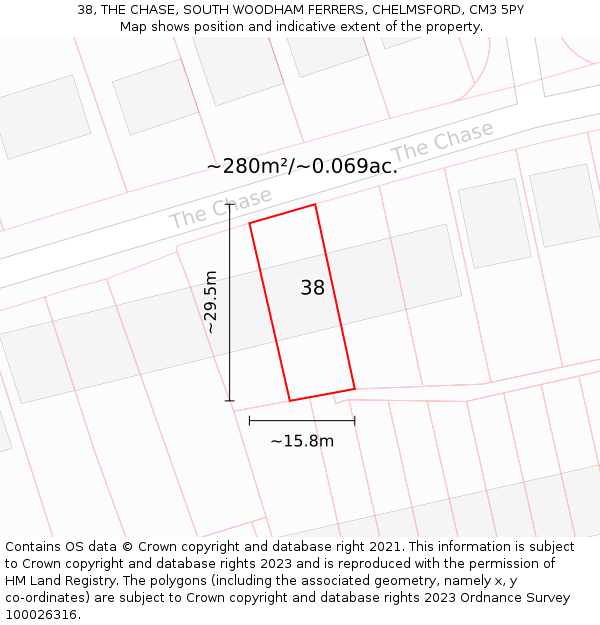 38, THE CHASE, SOUTH WOODHAM FERRERS, CHELMSFORD, CM3 5PY: Plot and title map