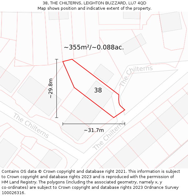 38, THE CHILTERNS, LEIGHTON BUZZARD, LU7 4QD: Plot and title map