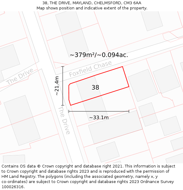 38, THE DRIVE, MAYLAND, CHELMSFORD, CM3 6AA: Plot and title map