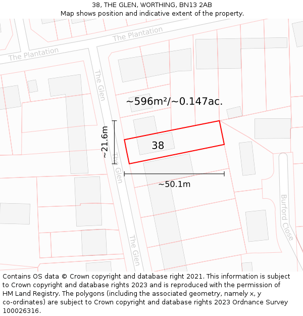 38, THE GLEN, WORTHING, BN13 2AB: Plot and title map