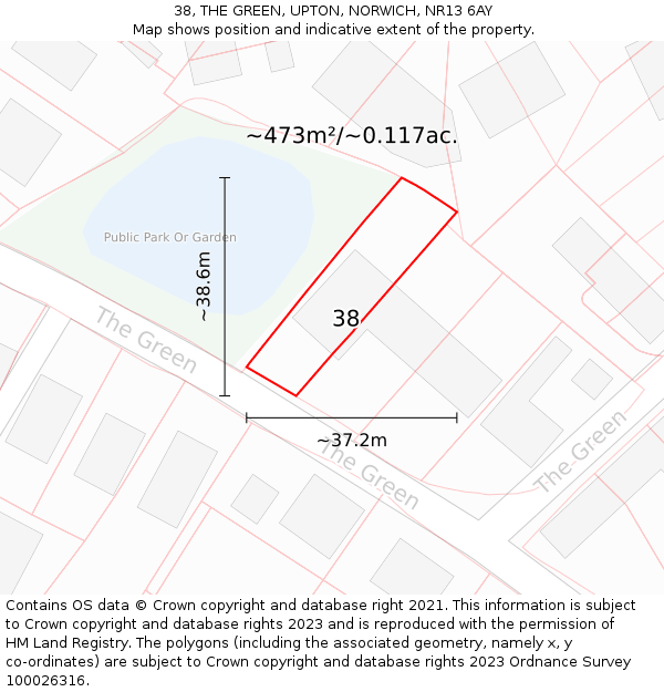 38, THE GREEN, UPTON, NORWICH, NR13 6AY: Plot and title map