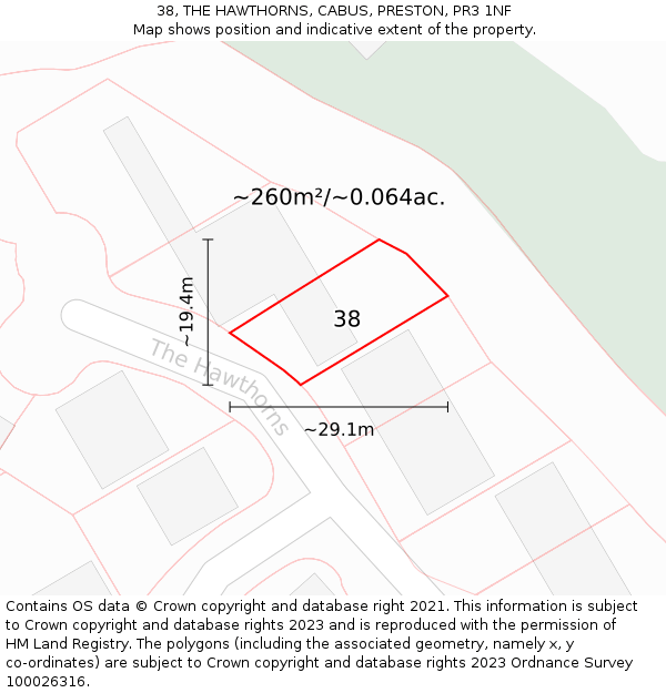 38, THE HAWTHORNS, CABUS, PRESTON, PR3 1NF: Plot and title map