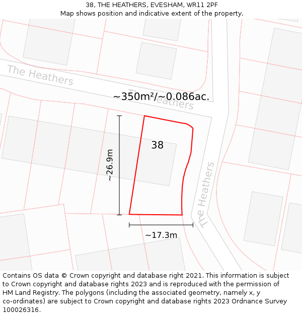 38, THE HEATHERS, EVESHAM, WR11 2PF: Plot and title map