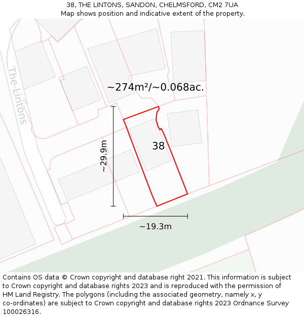 38, THE LINTONS, SANDON, CHELMSFORD, CM2 7UA: Plot and title map
