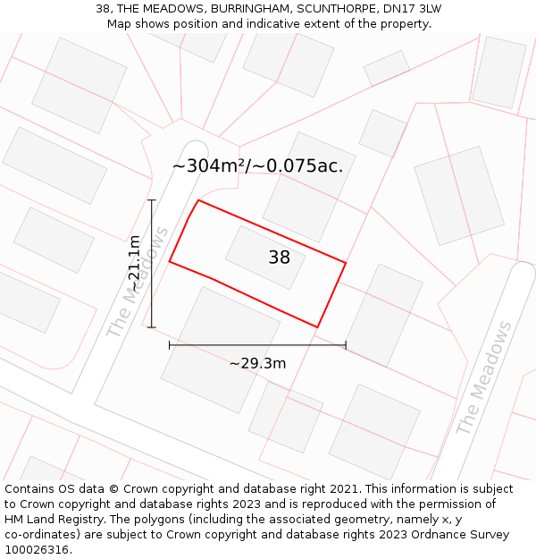 38, THE MEADOWS, BURRINGHAM, SCUNTHORPE, DN17 3LW: Plot and title map