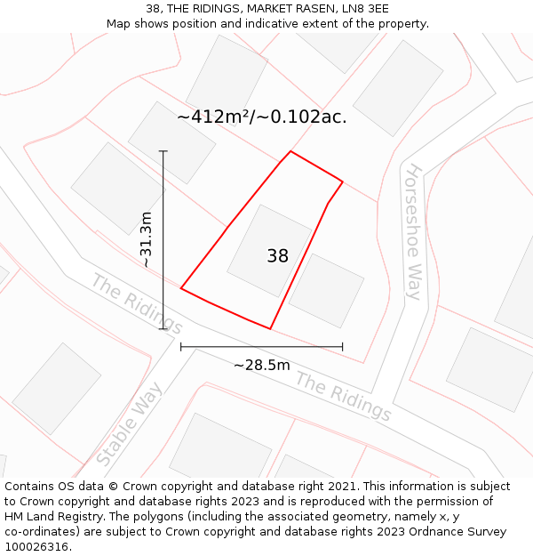 38, THE RIDINGS, MARKET RASEN, LN8 3EE: Plot and title map
