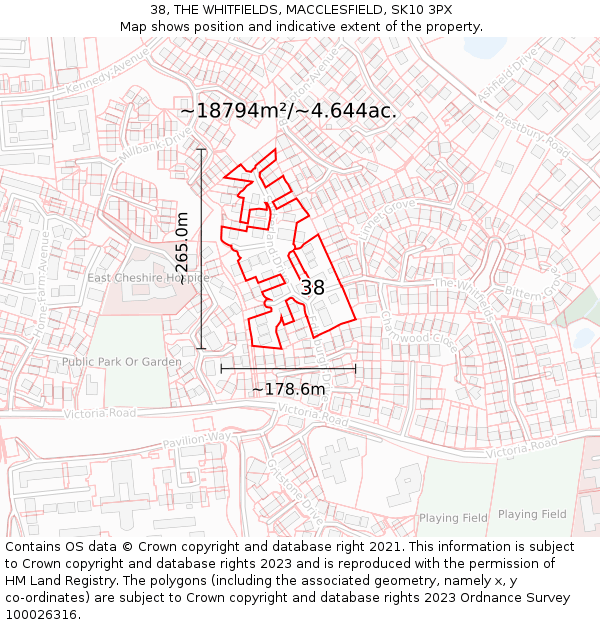 38, THE WHITFIELDS, MACCLESFIELD, SK10 3PX: Plot and title map