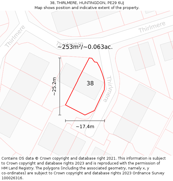 38, THIRLMERE, HUNTINGDON, PE29 6UJ: Plot and title map