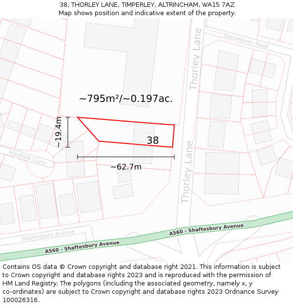 38, THORLEY LANE, TIMPERLEY, ALTRINCHAM, WA15 7AZ: Plot and title map