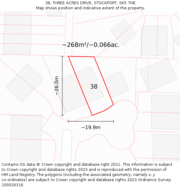 38, THREE ACRES DRIVE, STOCKPORT, SK5 7NE: Plot and title map