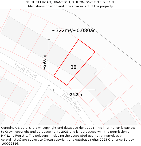 38, THRIFT ROAD, BRANSTON, BURTON-ON-TRENT, DE14 3LJ: Plot and title map
