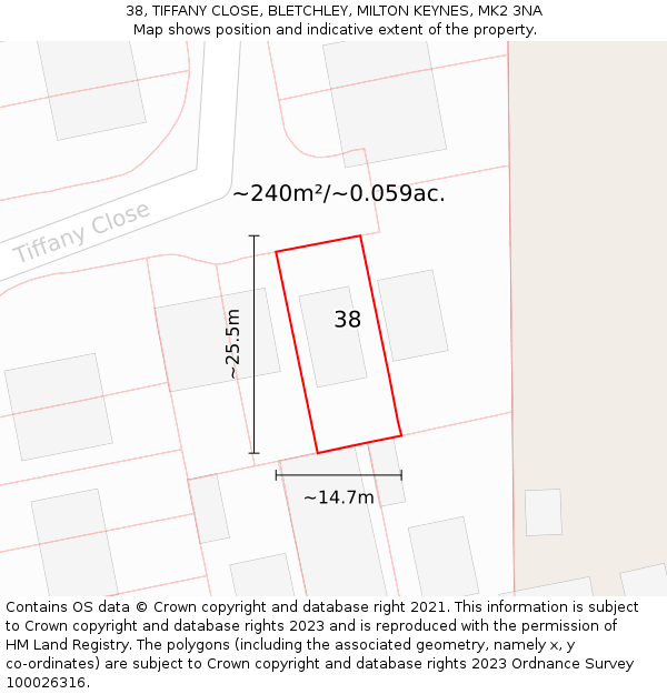 38, TIFFANY CLOSE, BLETCHLEY, MILTON KEYNES, MK2 3NA: Plot and title map