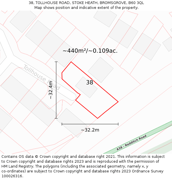 38, TOLLHOUSE ROAD, STOKE HEATH, BROMSGROVE, B60 3QL: Plot and title map