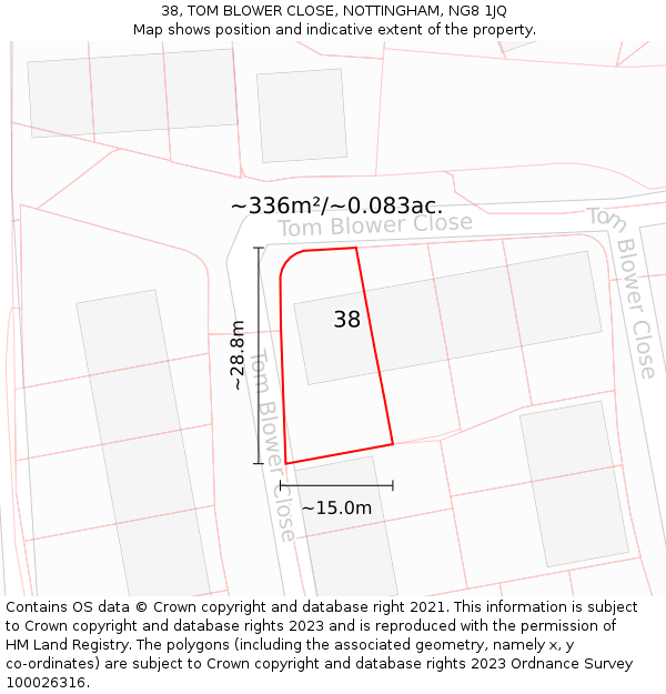 38, TOM BLOWER CLOSE, NOTTINGHAM, NG8 1JQ: Plot and title map